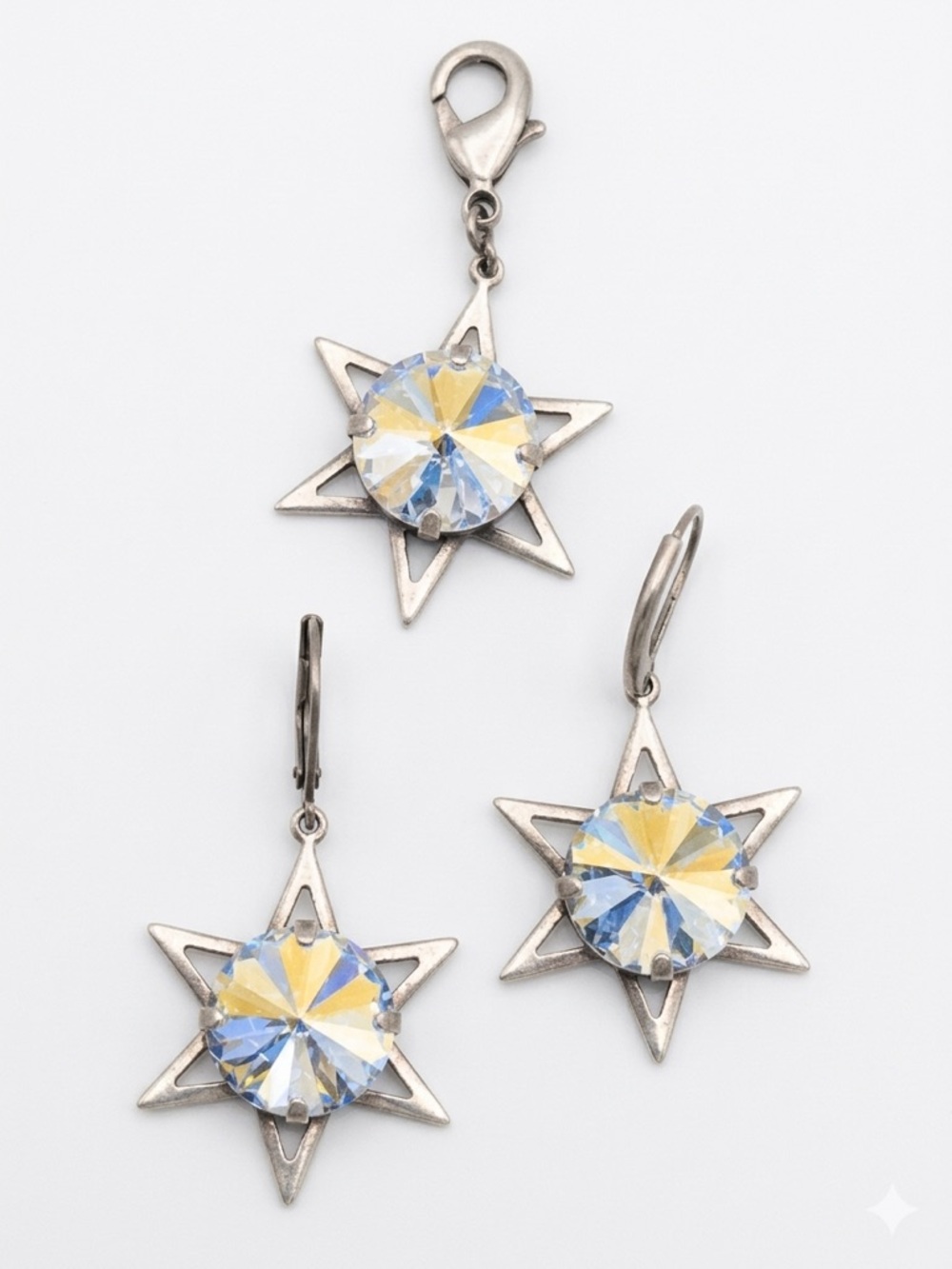 Sabika Star Jewelry Austrian Crystal Star Earrings & Charm Antiqued Silver Tone